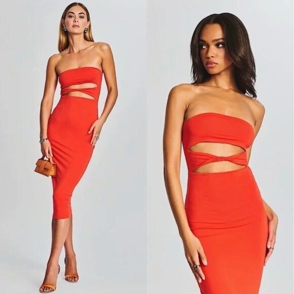 SER.O.YA Dresses & Skirts - NWT RETROFETE SER.O.YA Strapless Twist‎ Front Cutout Bodycon Jersey Midi Dress L